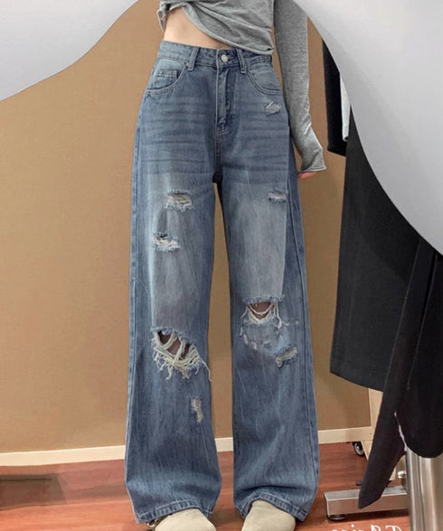 ダメージデニムパンツ ワイドレッグデニム レディース ハイウエスト ロングパンツ ウォッシュ加工 ストレートパンツ 着やせ 韓国風ジーパン ゆったり ボトムス脚長 84GZYM-006